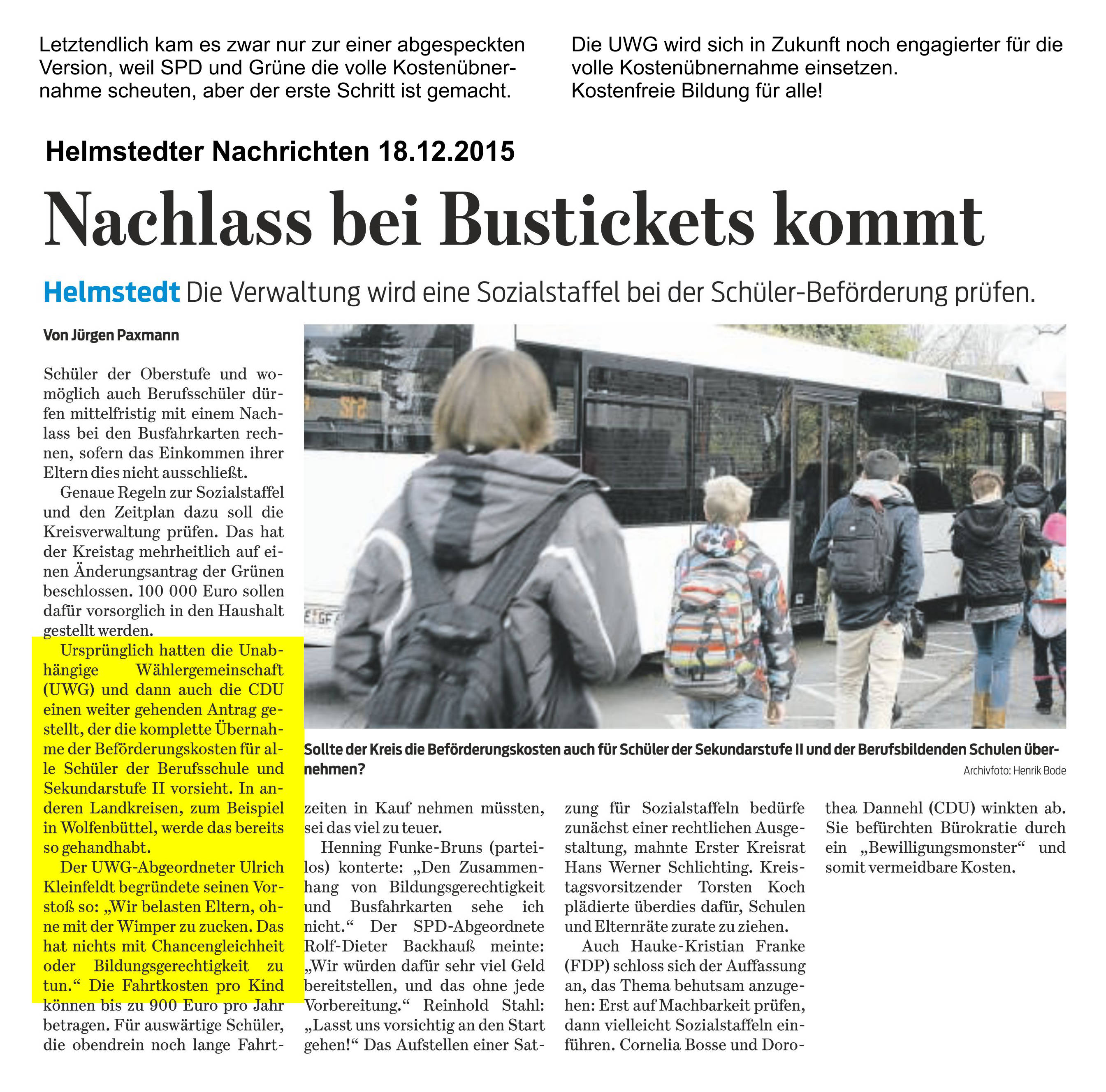 Pressebericht zum Thema Schüler-Beförderung