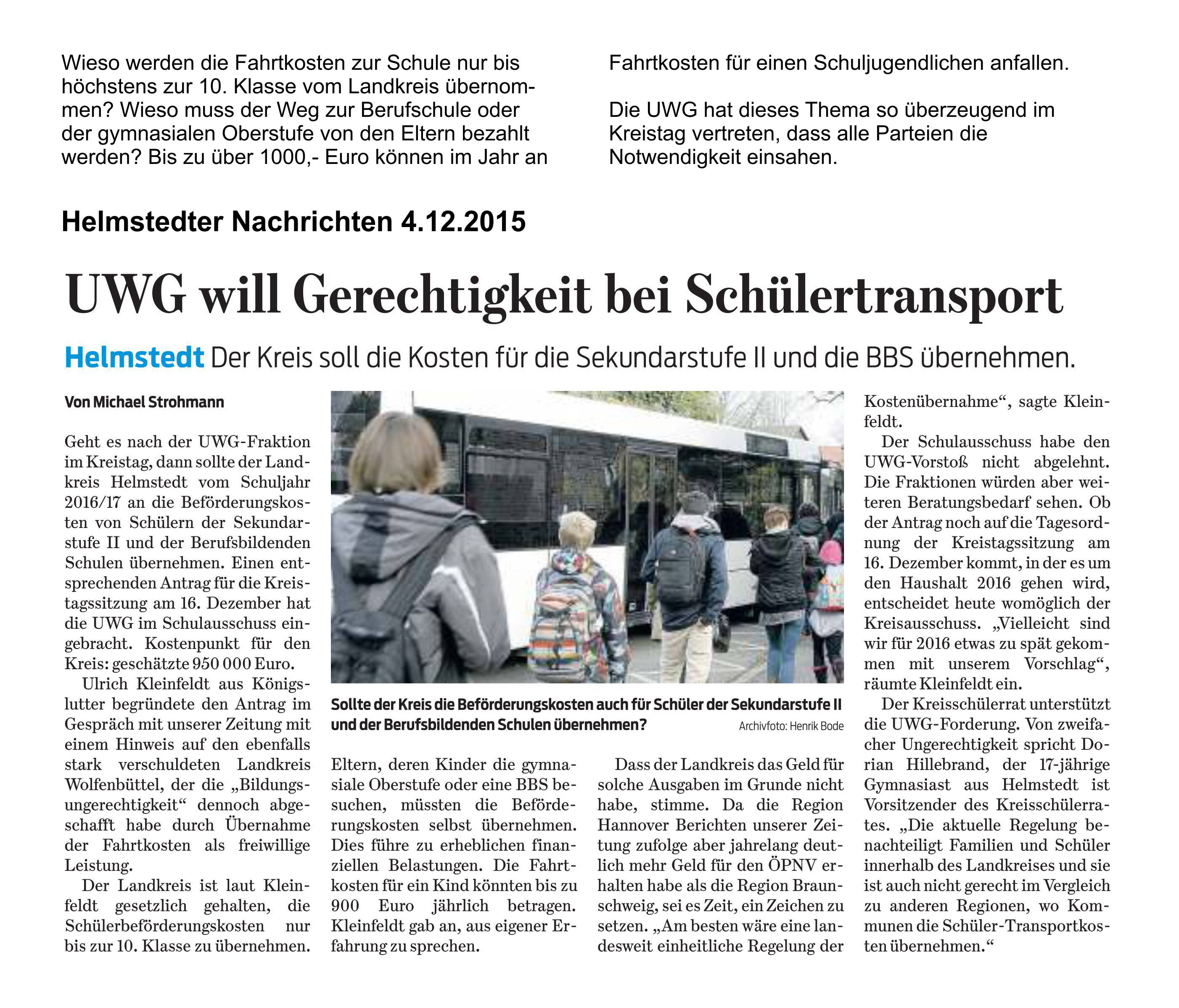 Pressebericht zum Thema Schülertransport